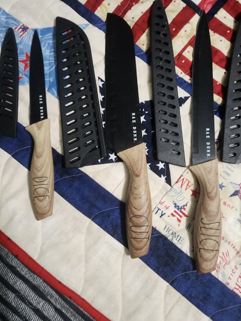 Rae Dunn 6-Piece Knife Set with Black Blades and Wood-Grain Handles